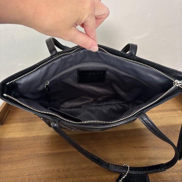 Coach Black Sateen Signature C Black Patent Leather Trim Studded Tote - Picture 9 of 10